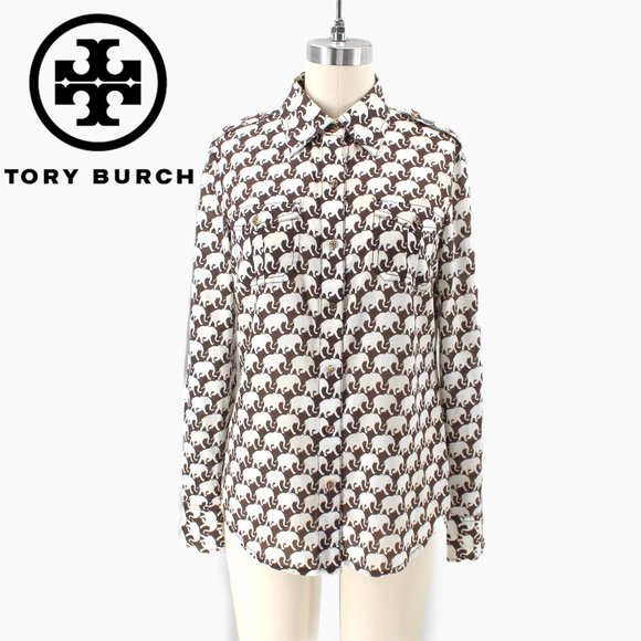 Tory Burch Blouse Elephant Print Button Down Shirt Brown White Long Tab Sleeve 2 - Picture 1 of 15